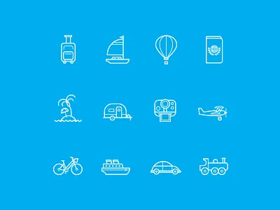 Icon set air stream airplane balloon bicycle camera camper island passport polaroid sail boat ship suitcase