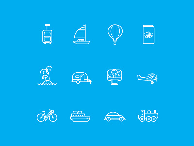 Icon set air stream airplane balloon bicycle camera camper island passport polaroid sail boat ship suitcase