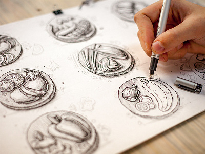 Vegetables, process graphic handwork illustration line pencil process vegetables wood