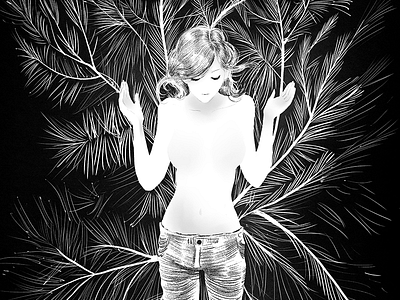 Listen drawing girl ink pen pine tree