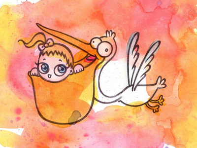 Birth announcement card baby bird birth faire part pelican pink watercolor