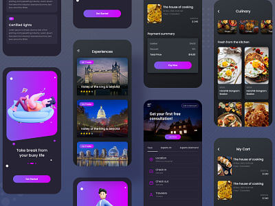 Travel App Design app app design black mobile app comfort dark dark mobile app delivery food mobile app purple color refresh relax rest service tour tour app tourist app travel travel app ui design ux design