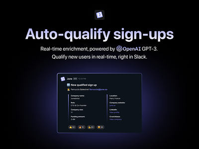 Qualification, powered by GPT-3 🤖 ai analytics bot branding data design enrichment gpt gpt3 insights product qualify signups slack ui ux