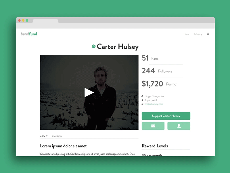 Musician Profile WIP crowdfunding gif mockup web app wireframe