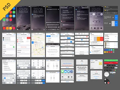 iOS 8 UI (free PSD) control center freebie ios ios 8 lock screen notification notification center psd settings ui ui kit