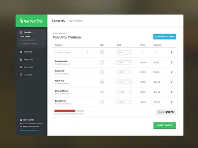 Harvestlink Order app clean flat form navigation progress bar select ui
