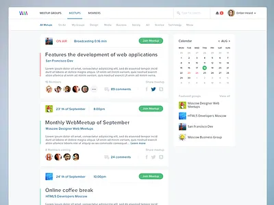 Meetups Page avatars calendar clean group page ico meetup meetups page simple site web