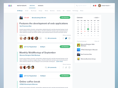 Meetups Page avatars calendar clean group page ico meetup meetups page simple site web