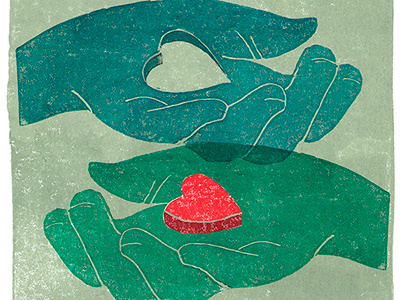 For Here or To Go art giving hands heart help illustration ink print texture woodblock