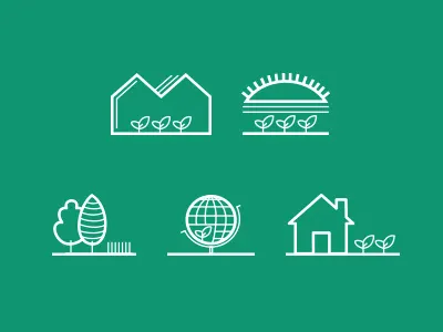 Icons, Rough Draft gardening globe green greenery icon icons landscaping leaf plant set sun
