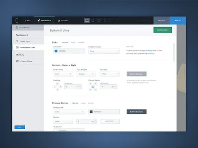 Dashboard - Buttons & Links settings. appearance blue dark dashboard interface page builder settings ui