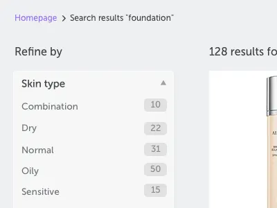 Filter results dropdown filter foundation makeup results search