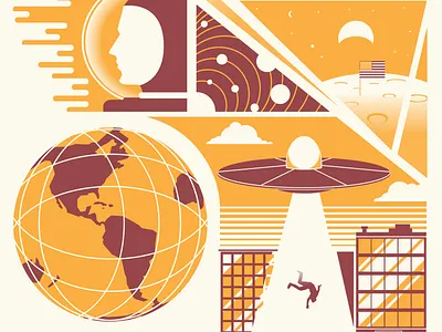 Exploring the Cosmos aliens astronaut cosmos earth illustration planets poster retro space ufo vintage