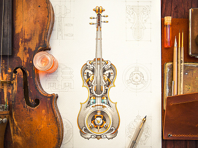 Steampunk violin gold instrument leather metal music paper pencil sketch sound steampunk violin wood