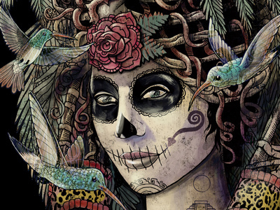 Day of the Dead (Ancient Guardians) aztec birds dahlia dayofthedead diadelosmuertos heart hummingbirds mexica olmec rose serpent skull