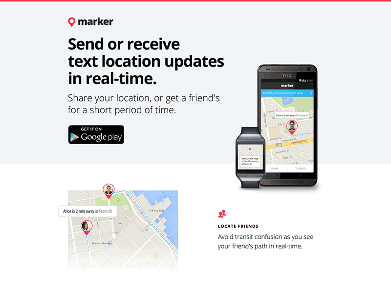 Marker Android App Landing Page android animated landing map marker marketing page pink red watch wearable