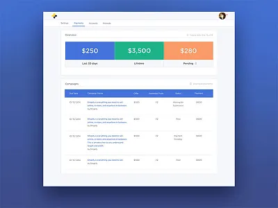 Payments blue dollar amount earnings last 30 days layout lifetime navigation pending table ui ux