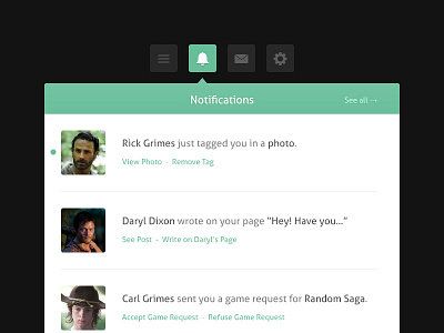 Toolbar Notifications Dropdown dropdown green icon notifications toolbar ui ui design ux walking dead web web design website