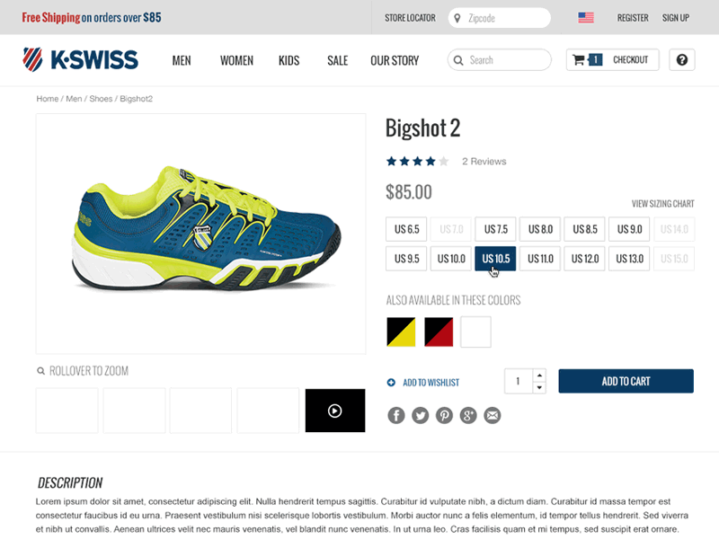 K•Swiss Product Page apparel ecommerce kswiss product retail shoes shopping tennis ui ux zoom