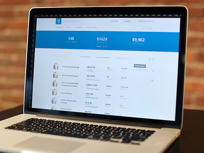 Teespring Seller Dashboard admin animated dashboard ecommerce metrics panel table