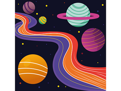 Bright colorful abstract design with planets and winding road background design galaxy graphic design space stars vector
