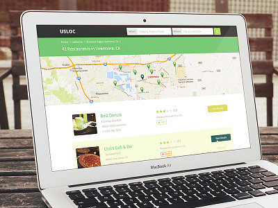 Business Listing Page - USLOC google map listing location pins product design rating sub heading web design website layout