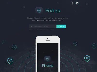 Pindrop coming soon page. app coming soon dark landing page location map music app music discovery music player ui webflow website
