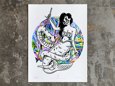 Mermaid Print 4 color illustration mermaid poster print screen print sea snake stipple