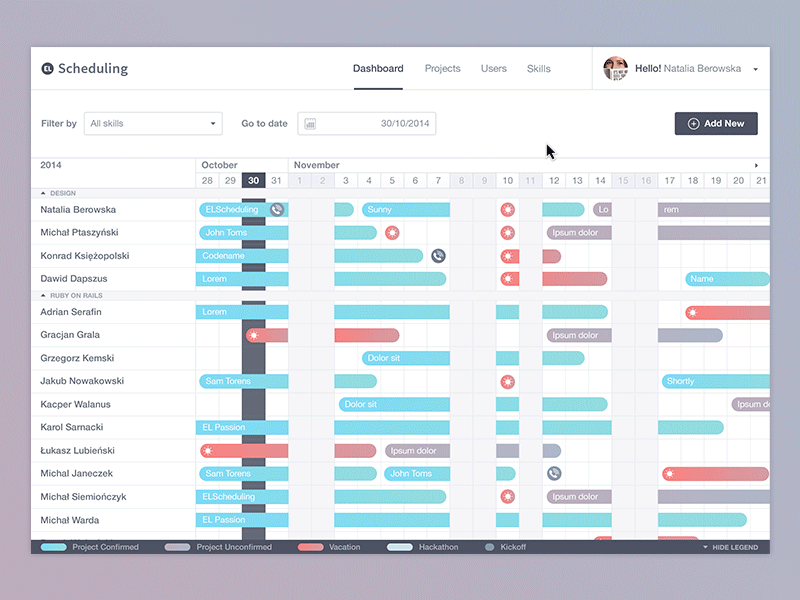EL Scheduling v2 calendar dashboard field filter list minimal projects schedule