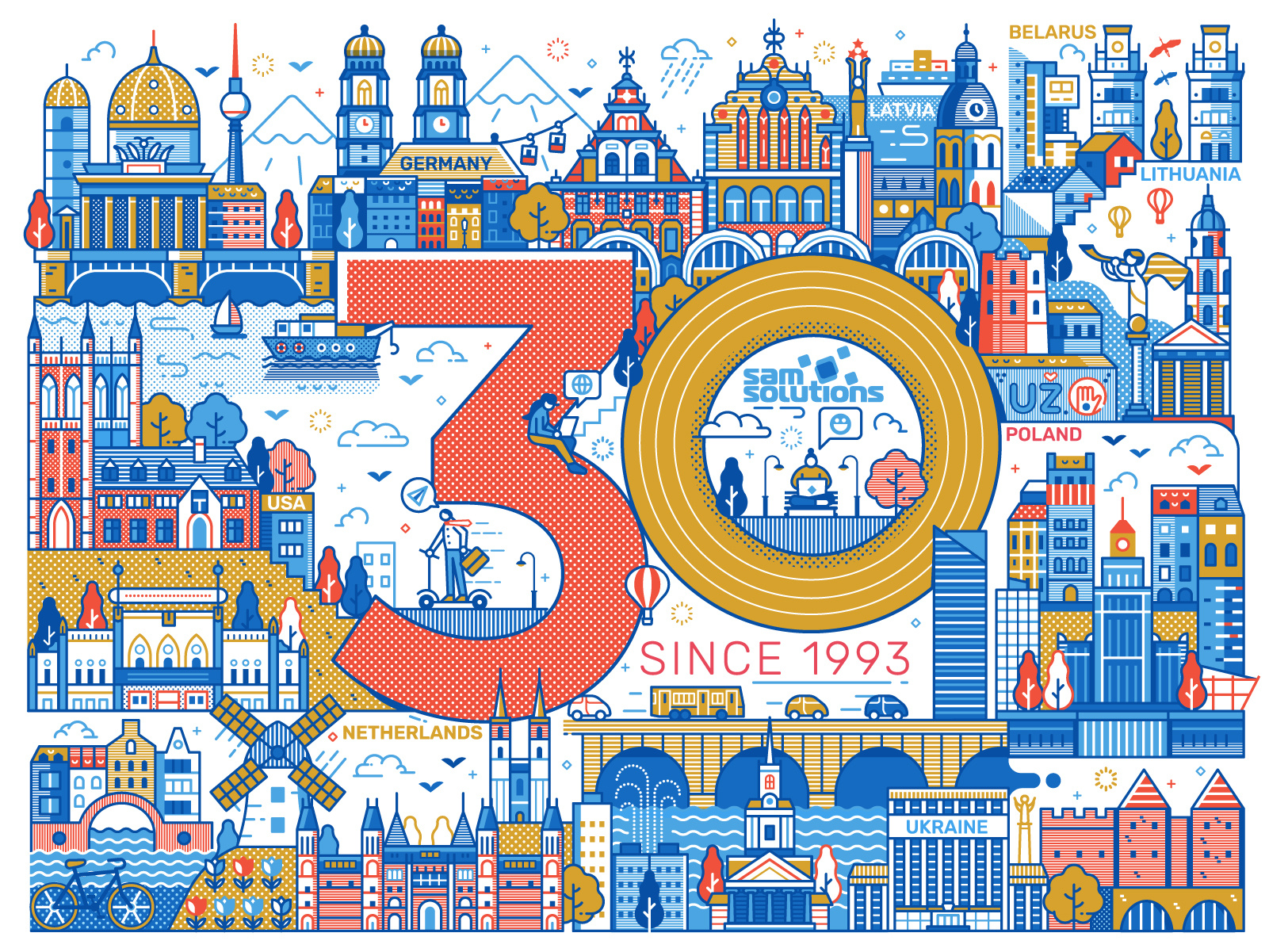 Across the World for 30 Years belarus berlin city countries germany illustration latvia line art lineart lithuania minsk munich netherlands poland poster skyline travel ukraine vilnius world