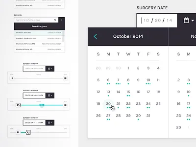 Medical Startup Components Style Guide calendar interface medical results search slider surgery ui