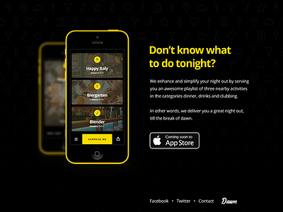 Dawn app black city concept dawn hackathon icon ios landing nightlife screen yellow