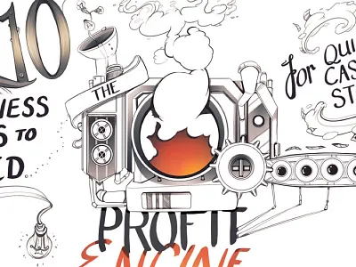 Running The Profit Engine blog illustration business clouds cogs engine fire lightbulb machine sketchnote smoke steam steel