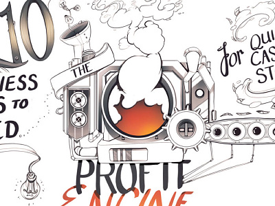 Running The Profit Engine blog illustration business clouds cogs engine fire lightbulb machine sketchnote smoke steam steel