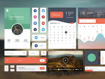 UI Kit clean flat graph icon kit music social ui video weather widget