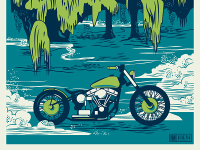 Eden Gardens Bobber Poster bayou bobber chopper florida harley illustration mist motorcycle south weeping willow