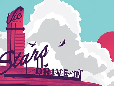 Stars Vic Theatre Gig Poster 80s birds color drive in gig poster illustration poster screen print sun vector