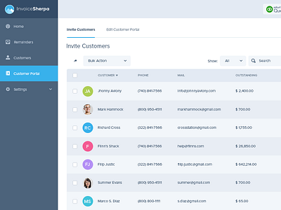 Invoice Sherpa - Invite Customers UI clean customers dashboard flat interface invoice sherpa invoices table ui user interface ux web app