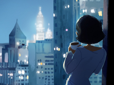 View blue buildings city illustration lights night view