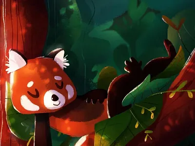 Bed cute forest green illustration nature red panda tree