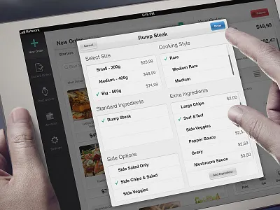 Sircles iOS App — Order Options Window app food ipad kitchen menu order overlay popup sale set settings size