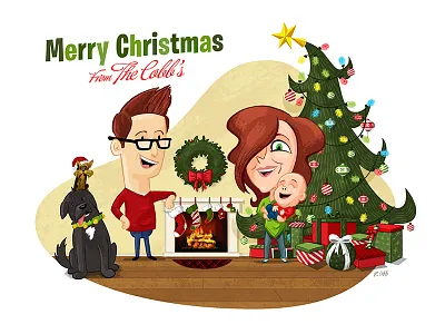 Family Christmas Card christmas dog fire fireplace gifts holiday illustration lights presents stockings tree wreath