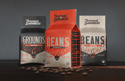 Torment & Darkness Coffee Co Packaging branding coffee design fire illustration packaging retro vintage