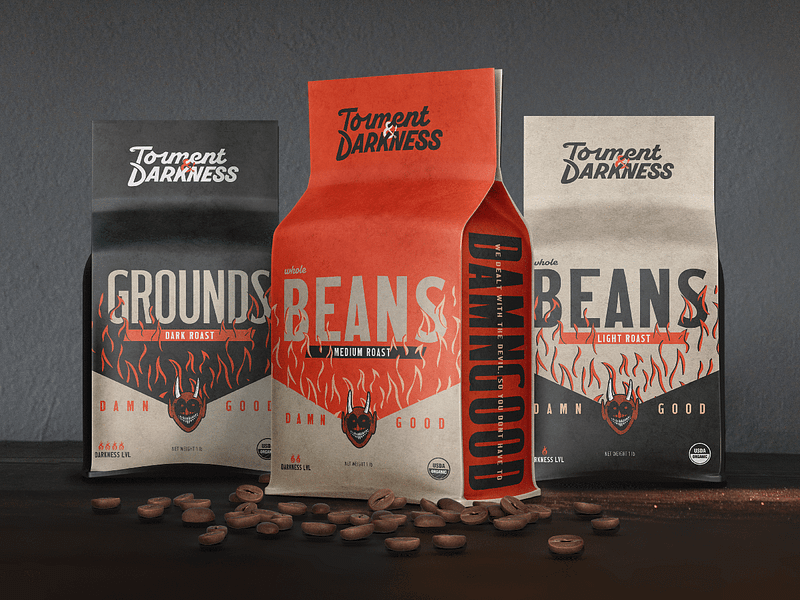 Torment & Darkness Coffee Co Packaging branding coffee design fire illustration packaging retro vintage