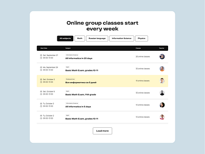 Online school web platform blue classes exams interface landing page schedule subjects table teacher ui ui component website white