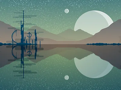 Desert Lake at Night desert fantasy lake landscape night reflection sky space stars vector