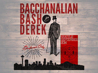 Vintage-Style Bachelor Party Invitation + Logo bachelor cityscape gentleman hand drawn invitation logo party seattle sketch skyline vintage wood