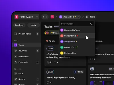 Breadcrumb Workspace Dropdown app breadcrumbs ui daos dark mode design system dropdown input kanban board menu navigation pods product project management search selector ui ux web3 workflow workspace