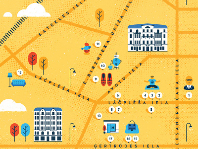 Map building cloud editorial fish halftone handbag house map samovar shoes texture tree