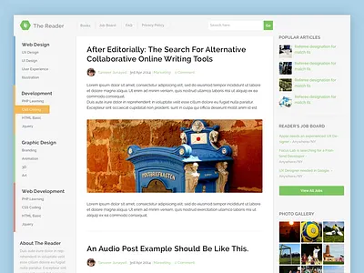 The Reader Blog Design blogging colored menu colored sidebar envato homepage multi colored menu multi colored sidebar product reader ui ux wordpress